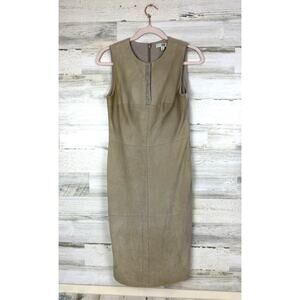 Etcetera Women’s 0 Beige Suede Leather Rhinestone Snap Front Viscose Midi Dress